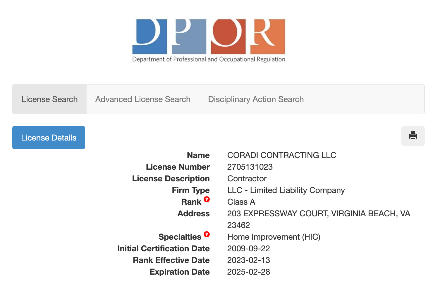 DPOR website contractor license